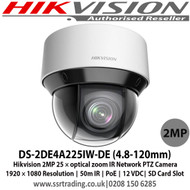 Hikvision 2MP 25 × optical zoom IR Network PTZ Camera 1920 × 1080 Resolution, 50m IR, PoE, 12 VDC, Built-in memory card slot, support microSD/SDHC/SDXC - DS-2DE4A225IW-DE