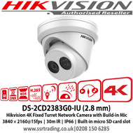 Hikvision DS-2CD2383G0-IU (2.8 mm) 8MP 2.8mm Fixed lens Turret Network Camera with Build-in Mic 3840 × 2160@15fps, 30m IR , IP66, Built-in micro SD card slot 