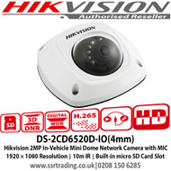 Hikvision DS-2CD6520D-IO(4mm)  2MP In-Vehicle Mini Dome Network Camera with MIC 1920 × 1080 Resolution | 10m IR | Built-in micro SD Card Slot 