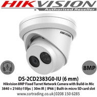 Hikvision 4K/8MP 6mm Fixed lens Turret Network Camera with Build-in Mic 3840 × 2160@15fps, 30m IR , IP66, Built-in micro SD card slot - DS-2CD2383G0-IU (6 mm)