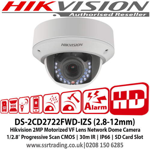 Hikvision 2MP Motorized Vari-focal Lens Network Dome Camera, 1/2.8”  Progressive Scan CMOS, 30m IR, IP66, Built-in Micro SD/SDHC/SDXC card slot  - DS-2CD2722FWD-IZS (2.8-12mm)