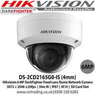 Hikvision DS-2CD2165G0-IS (4mm) 6MP DarkFighter Fixed Lens Dome Network Camera, 30m IR, IP67, IK10, Audio line in & alarm I/O, Support on-board storage  