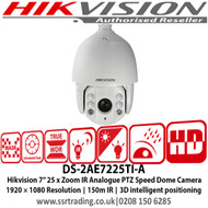 Hikvision 2MP 7” 25 x Zoom IR Analogue PTZ Speed Dome Camera, 1920 × 1080 Resolution, 150m IR, 3D intelligent positioning - DS-2AE7225TI-A  