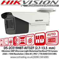 Hikvision 5MP Ultra Low Light Motorized Varifocal TVI Camera, 2560 × 1944 Resolution, 80m IR, IP67, switchable TVI/AHD/CVI/CVBS - DS-2CE19H8T-AIT3ZF (2.7-13.5  mm)  