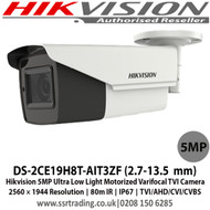Hikvision DS-2CE19H8T-AIT3ZF 5MP Ultra Low Light 2.7-13.5  mm Motorized Varifocal TVI Camera, 2560 × 1944 Resolution, 80m IR, IP67, switchable TVI/AHD/CVI/CVBS  