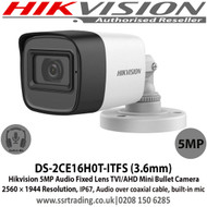 Hikvision DS-2CE16H0T-ITFS  5MP Audio 3.6mm Fixed Lens TVI/AHD Mini Bullet Camera 2560 × 1944 Resolution, IP67, Audio over coaxial cable, built-in mic 