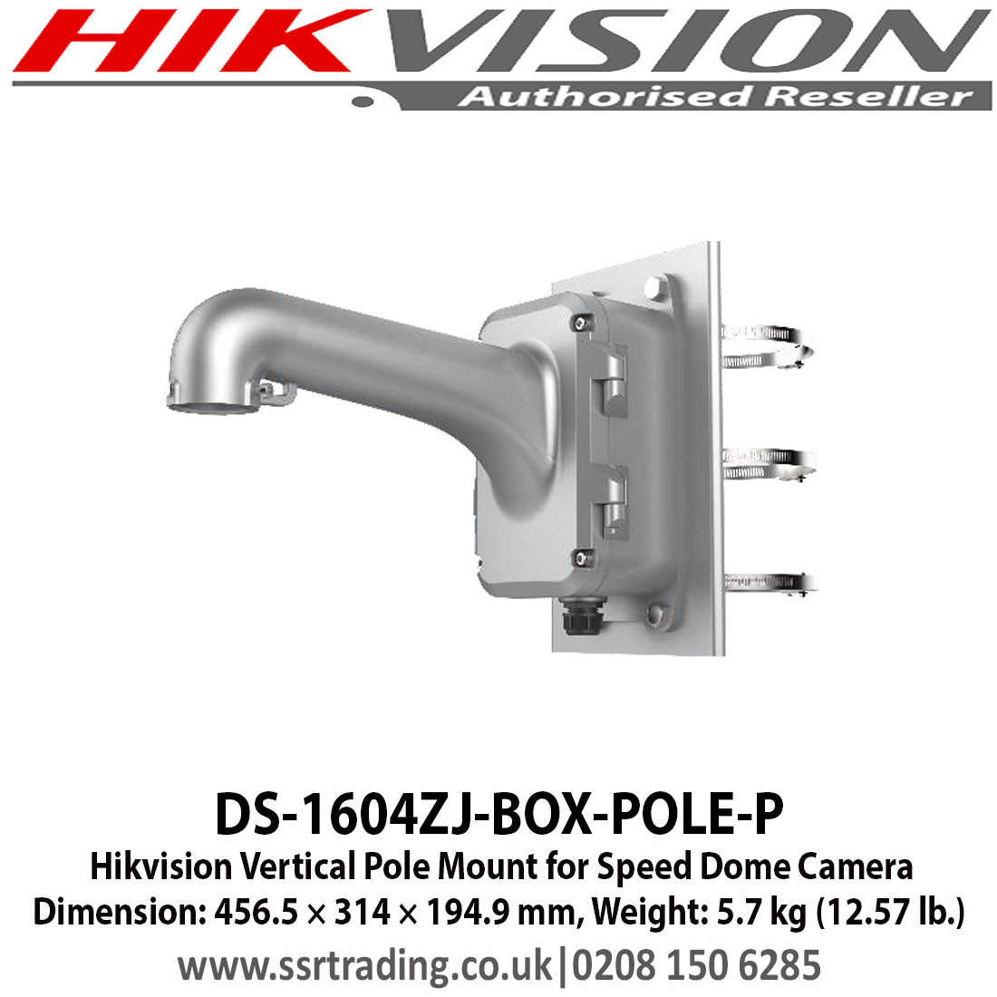 Hikvision DS-1604ZJ-BOX-POLE-P Vertical Pole Mount for Speed Dome Camera  Dimension: 456.5 × 314 × 194.9 mm, Weight: 5.7 kg (12.57 lb.)