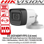 Hikvision 2MP Audio Fixed Lens 4-in-1 Mini Bullet Camera, 1920 x 1080 Resolution, 30m IR, IP67, TVI/AHD/CVI/CVBS - DS-2CE16D0T-ITFS (3.6 mm)  