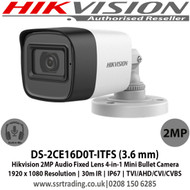 Hikvision DS-2CE16D0T-ITFS 2MP 3.6mm Fixed Lens 4-in-1  audio over the coaxial cable Mini Bullet Camera, 1920 x 1080 Resolution, 30m IR, IP67, TVI/AHD/CVI/CVBS   