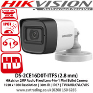 Hikvision 2MP Audio Fixed Lens 4-in-1 Mini Bullet Camera, 1920 x 1080 Resolution, 30m IR, IP67, TVI/AHD/CVI/CVBS - DS-2CE16D0T-ITFS (2.8 mm)  