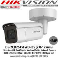 Hikvision DS-2CD2645FWD-IZS 2.8 to 12mm motorised varifocal lens 4MP DarkFighter Bullet Network Camera, 50m IR, IP67, IK10, Built-in microSD/SDHC/SDXC card slot, up to 128 GB  