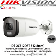 Hikvision DS-2CE12DFT-F (2.8mm) 2MP fixed lens colorVu bullet camera, Up to 40m white light distance, IP67 weatherproof, Full time colour, 4 in 1, TVI, CVI, AHD camera 
