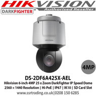 Hikvision DS-2DF6A425X-AEL 6-inch 4MP 25 x Zoom DarkFighter IP Speed Dome Camera, 2560 × 1440 Resolution, Hi-PoE, IP67, IK10, SD Card Slot   