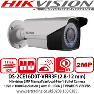 Hikvision 2MP Manual Varifocal 4-in-1 Bullet Camera,1920 × 1080 Resolution, 40m IR, IP66, TVI/AHD/CVI/CVBS - DS-2CE16D0T-VFIR3F (2.8-12 mm)  