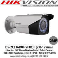 Hikvision DS-2CE16D0T-VFIR3F (2.8-12 mm) 2MP Manual Varifocal 4-in-1 Bullet Camera,1920 × 1080 Resolution, 40m IR, IP66, TVI/AHD/CVI/CVBS  