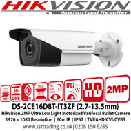 Hikvision 2MP Ultra Low Light Motorized Varifocal Bullet Camera 1920 × 1080 Resolution, 60m IR, IP67, TVI/AHD/CVI/CVBS - DS-2CE16D8T-IT3ZF (2.7-13.5mm)  