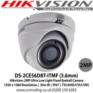 Hikvision 2MP Ultra Low Light 3.6mm Fixed Lens Eyeball Camera, 1920 x 1080 Resolution, 30m IR, IP67, TVI/AHD/CVI/CVBS - DS-2CE56D8T-ITMF (3.6mm)   