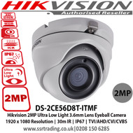 Hikvision - DS-2CE56D8T-ITMF 2MP Ultra Low Light 3.6mm Fixed Lens Eyeball Camera, 1920 x 1080 Resolution, 30m IR, IP67, TVI/AHD/CVI/CVBS    