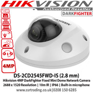 Hikvision 4MP DarkFighter Fixed Mini Dome Network Camera, 10m IR, IP66, Built-in microphone, Support MicroSD/SDHC/SDXC card - DS-2CD2545FWD-IS (2.8 mm)  