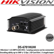 Hikvision DS-6701HUHI 1-Channel Encoder 5MP H.265 DVS, 1 analog camera can be connected Encoding abilty up to 5MP @ 12 fps, SD Card Slot, 5 signals input adaptively (HDTVI/AHD/CVI/CVBS/IP)  