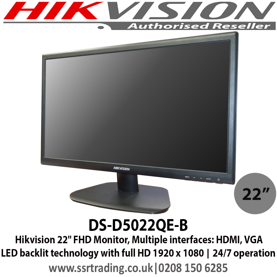 Hikvision 22" FHD Monitor, Multiple interfaces: HDMI, VGA LED backlit  technology with full HD 1920 x 1080, 24/7 operation - DS-D5022QE-B