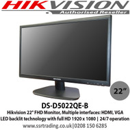 Hikvision - DS-D5022QE-B  22" FHD Monitor, Multiple interfaces: HDMI, VGA LED backlit technology with full HD 1920 x 1080, 24/7 operation  