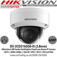 Hikvision DS-2CD2165G0-IS(2.8mm) 6MP DarkFighter Fixed Lens Dome Network Camera, 30m IR, IP67, IK10, Audio line in & alarm I/O, Support on-board storage