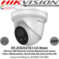 Hikvision 2MP Fixed Lens ColorVu Network Turret Camera  1920 x 1080 Resolution, 30m IR, IP66, MicroSD Card Slot, Built in MIC - DS-2CD2327G1-LU (4mm)  