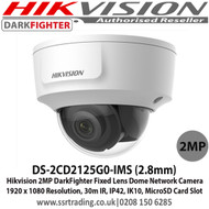 Hikvision DS-2CD2125G0-IMS (2.8mm) 2MP DarkFighter Fixed Lens Dome Network Camera 1920 x 1080 Resolution, 30m IR, IP42, IK10, MicroSD Card Slot