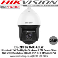 Hikvision 8” 2MP DarkFighter 36 x Zoom IP PTZ Camera, Wiper 1920 x 1080 Resolution, 200m IR, IP67, IK10, 24 VAC & Hi-PoE - DS-2DF8236IX-AELW  