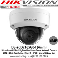 Hikvision 6MP DarkFighter Fixed Lens Dome Network Camera 3072 x 2048 Resolution, 30m IR, IP67, IK10, Micro SD Card Slot - DS-2CD2165G0-I (4mm)  