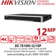 Hikvision DS-7616NI-I2/16P 16-Ch 1U 16 PoE 4K NVR, 2 SATA interfaces, H.265+ compression, Up to 12 MP high-definition live view