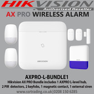 Hikvision AXPRO-L-BUNDLE1  AX PRO Wireless Alarm Kit 1 – Light Level, AX PRO Bundle includes 1 AXPRO L-level hub, 2 PIR detectors, 2 keyfobs, 1 magnetic contact, 1 external siren 