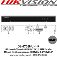 Hikvision DS-6708HUHI-K  8-Channel 8 MP H.265 DVS, 2 SATA Encoder, Efficient H.265+ compression, 5 signals input adaptively (HDTVI/AHD/CVI/CVBS/IP)