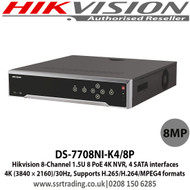 Hikvision DS-7708NI-K4/8P 8-Channel 1.5U 8 PoE 4K 8MP NVR, 4 SATA interfaces, (3840 × 2160)/30Hz, Supports H.265/H.264/MPEG4 formats