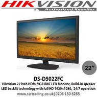 Hikvision LED Monitor 22" HDMI VGA BNC, Build-In Speaker LED Backlit Technology With Full HD 1920×1080,  24/7 Operation - DS-D5022FC   