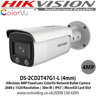 Hikvision 4MP 4mm Fixed Lens ColorVu Network Bullet Camera, 30m White Light Distance, 120dB WDR, IP67 Weatherproof, 24/7 Full Color Imaging - DS-2CD2T47G1-L (4mm)