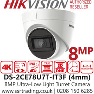 Hikvision 8MP 3.6mm Fixed Lens Ultra-Low Light Turret Camera, 4-in-1 TVI/CVI/AHD/Analogue, 60m IR Distance  IP67 Weatherproof, 130 dB True WDR - DS-2CE78U7T-IT3F(3.6mm)