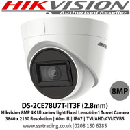 Hikvision 8MP 2.8mm Fixed Lens Ultra-Low Light Turret Camera, 4-in-1 TVI/CVI/AHD/Analogue, 60m IR Distance  IP67 Weatherproof, 130 dB True WDR - DS-2CE78U7T-IT3F(2.8mm)