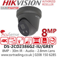 Hikvision 8MP 2.8mm Fixed Lens AcuSense Darkfighter Network Turret Camera, Up to 30m IR Distance ,IP66 weatherproof, 120dB WDR, Built in Microphone, Face Capture - DS-2CD2386G2-IU/Grey (2.8mm)