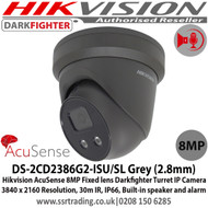 Hikvision 8MP 2.8mm Fixed Lens AcuSense Darkfighter Network Turret Camera, Up to 30m IR Distance ,IP66 weatherproof, 120dB WDR, Built in microphone, Built in speaker, Face Capture - DS-2CD2386G2-ISU/SL/Grey (2.8mm)