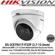 Hikvision 8MP 2.7-13.5mm Motorized Vari-focal Lens Turret Camera, 4-in-1 TVI/AHD/CVI/CVBS, 60m IR, IP67 Weatherproof - DS-2CE79U1T-IT3ZF(2.7-13.5mm)
