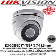 Hikvision 2MP 2.7-13.5mm Varifocal Lens Auto Focus Ultra-Low Light 4 in 1 TVI/AHD/CVI/CVBS Turret Camera, 60m IR Distance, IP67 Weatherproof - DS-2CE56D8T-IT3ZF(2.7-13.5mm)