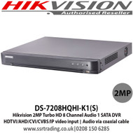 Hikvision 2MP Turbo HD 8 Channel HDTVI/AHD/CVI/CVBS/ AoC DVR H.265+  video compression - DS-7208HQHI-K1(S)