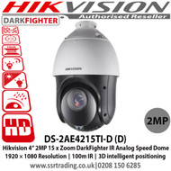Hikvision DS-2AE4215TI-D(D) 2MP 4 Inch DarkFighter IR 4-in-1 CCTV Analog Speed Dome PTZ Camera, Switchable TVI/AHD/CVI/CVBS video outputs, 5-75 mm Lens, 15× Optical Zoom, 100m IR Distance, IP66 Weatherproof, WDR 