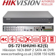 Hikvision DVR DS-7216HUHI-K2(S) 16 Channel 8MP Turbo HD AoC Audio Over Coax HDTVI/AHD/CVI/CVBS/IP video input- H.265 Pro+ video compression 