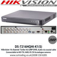 Hikvision DS-7216HQHI-K1/S 16 Channel 2MP Turbo HD AoC Audio Over Coax HDTVI/AHD/CVI/CVBS/IP video input- H.265 Pro+ video compression DVR 