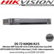 Hikvision DS-7216HQHI-K2/S 4 MP Turbo HD 16 Channel 2 SATA Audio over coax DVR, HDTVI/AHD/CVI/CVBS/IP video input, Max. 800 m for 1080p and 1200 m for 720p HDTVI signal transmission, Up to 10 TB capacity per HDD 