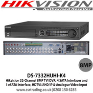 Hikvision DVR DS-7332HUHI-K4 32 Channel 8MP 4K Ultra HD Hybrid Turbo 4 DVR Recorder HD-TVI-AHD-CVI & Analogue H.265+ 