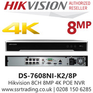 Hikvision NVR DS-7608NI-K2/8P 8MP 8 Channel 8 PoE Port  NVR with 2 Sata Interface, HDMI Video Output at up to 4K  Resolution